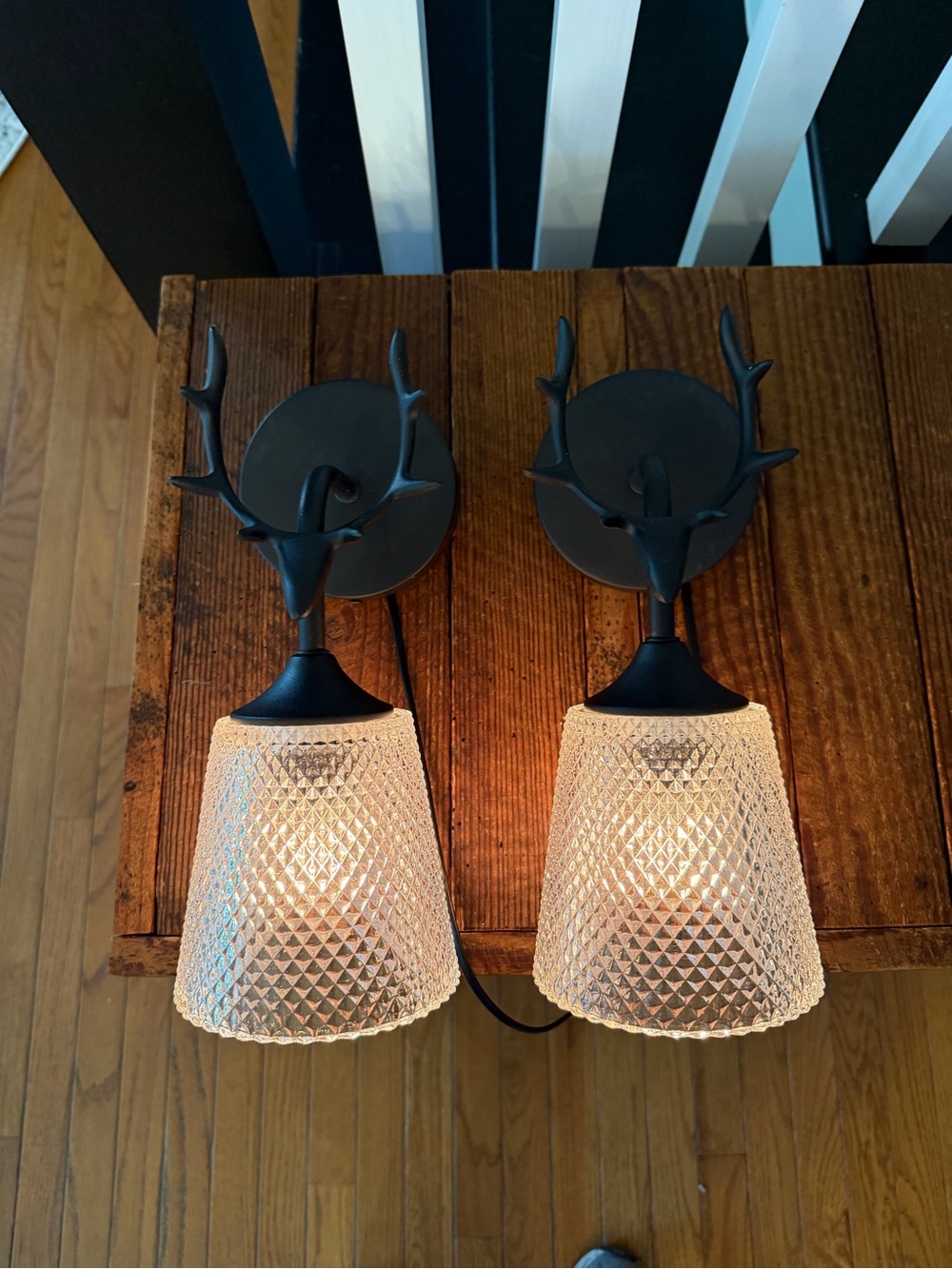 NEW Open Box Black Deer Antler Wall Sconce Pair with Textured Glass Shades